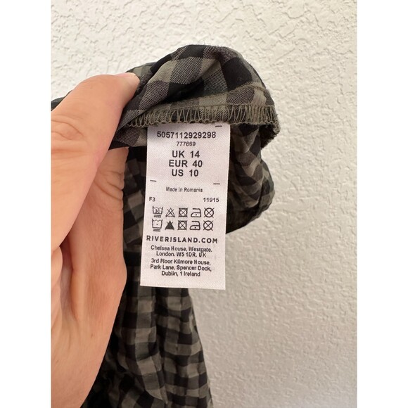 River Island Long Sleeve Tiered Black Green Gingham Button Down Mini Dress Sz 14 - Picture 9 of 9
